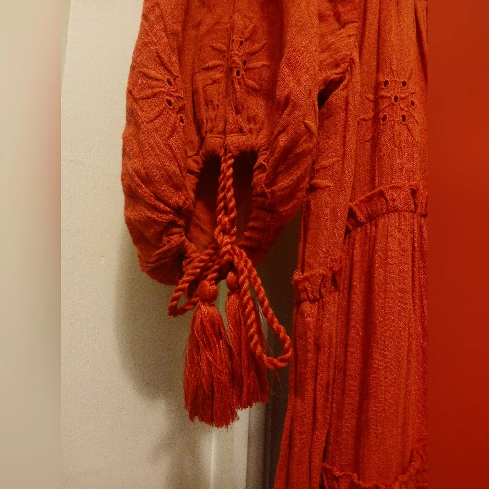 Free People Embroidery Celestial Skies Midi Dress W/Tassels In Burgundy XS - Picture 8 of 9